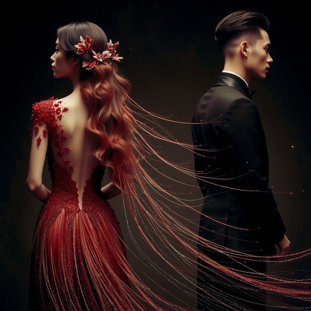 Pre-Raphaelite Chinese Couple in Crimson and Black