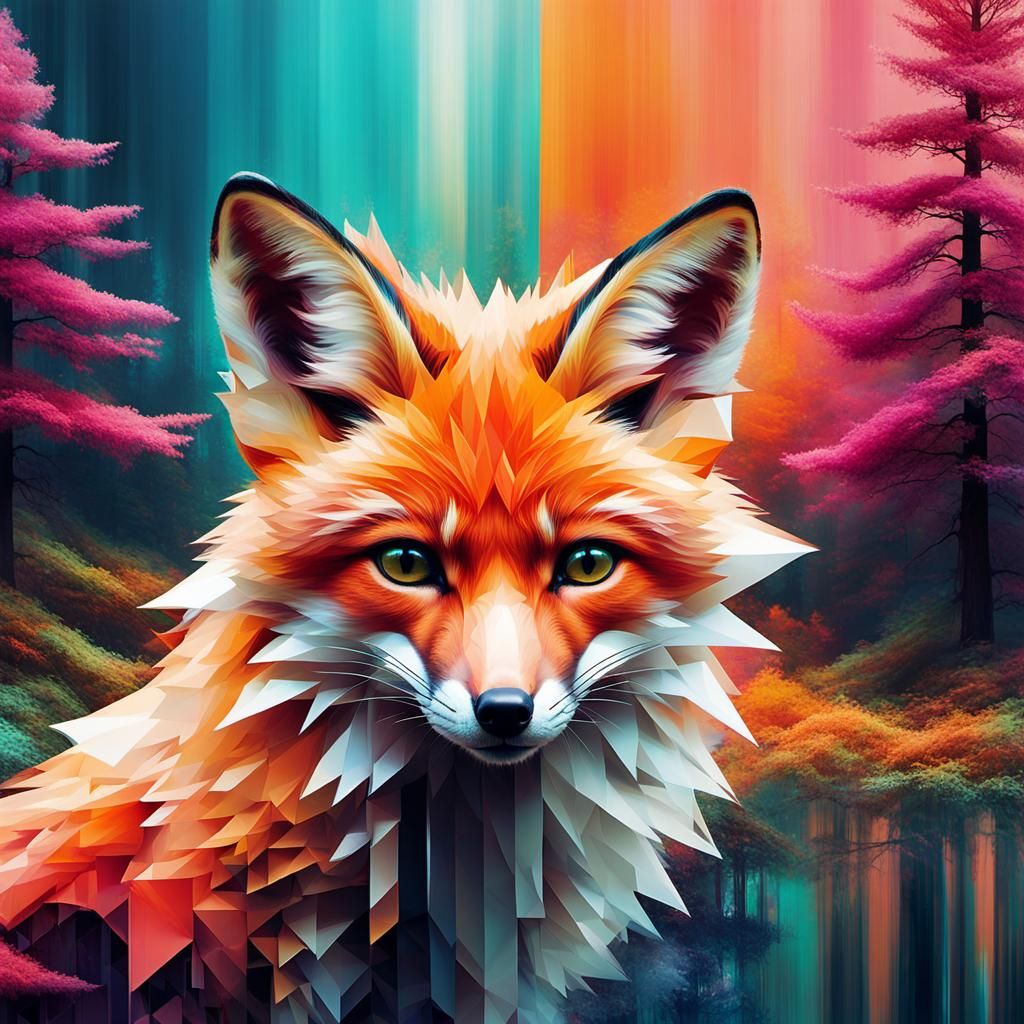 Abstract Glitch Art Fox in Pixelated Forestscape