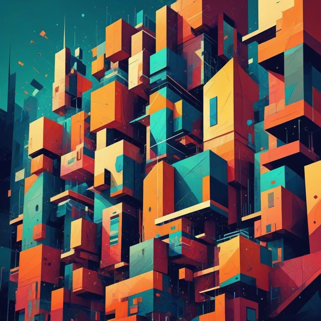 Futuristic Cubist Cityscape in Vibrant Geometric Abstraction