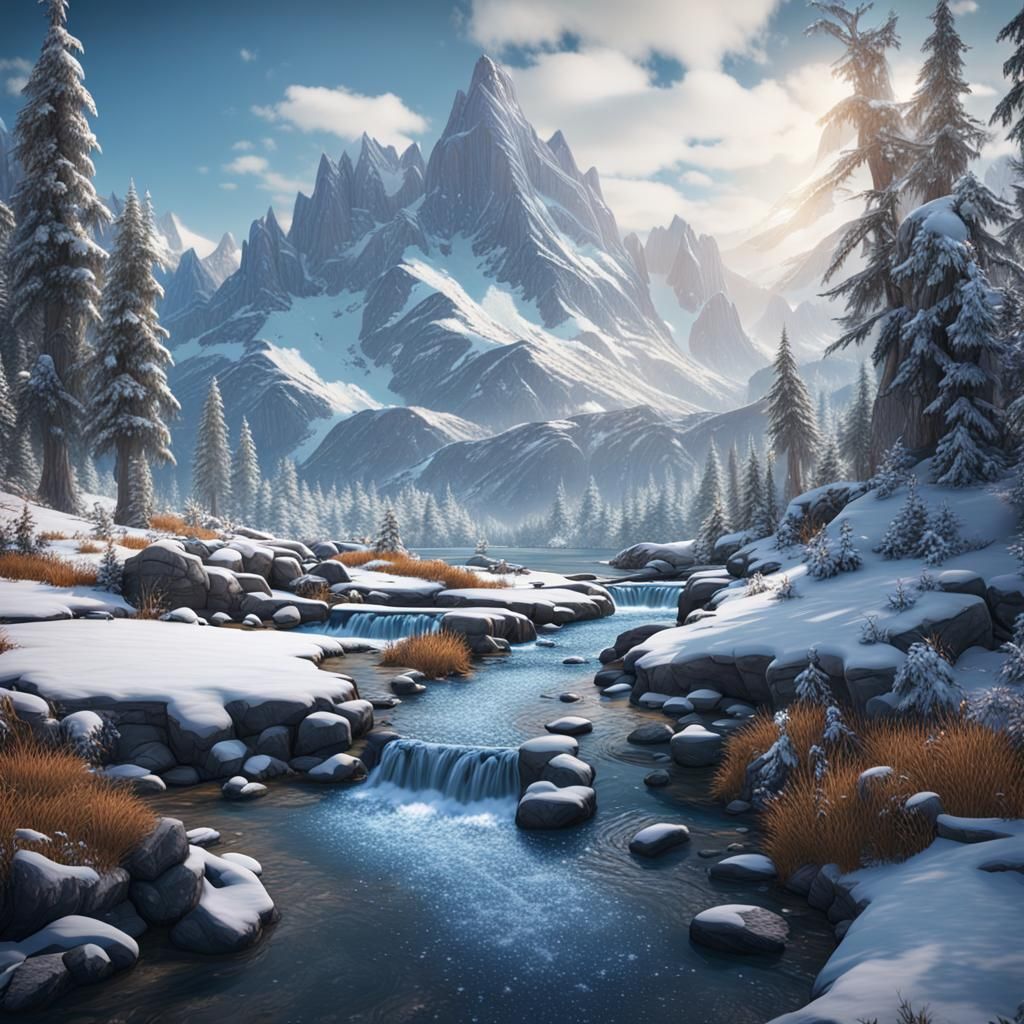 Icy Mountain Stream in Winter Concept Art