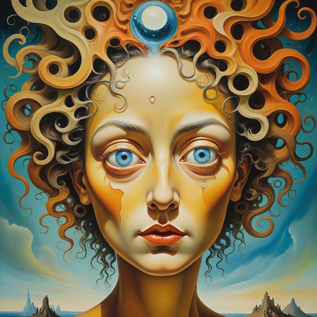 Surreal Female Portrait with Strange Hair and Eyes in Dali S...