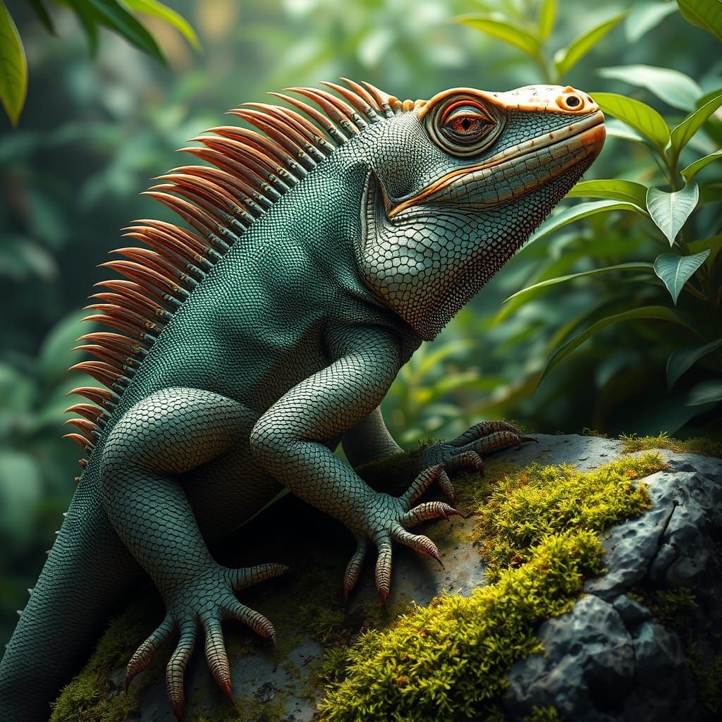 Iguana on Mossy Rock in Hyper-Realistic Style