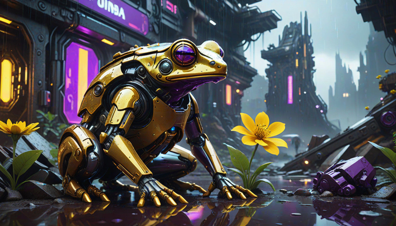 Ethereal Robot Frog in Ruins of a Cyberpunk City