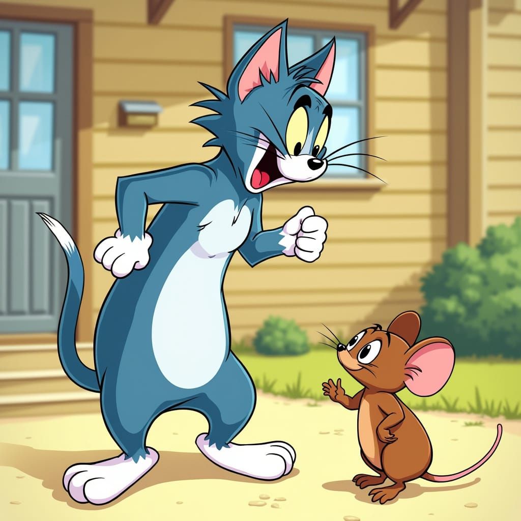Comical Cartoon Scene of a Frustrated Blue Cat Chasing a Hap...