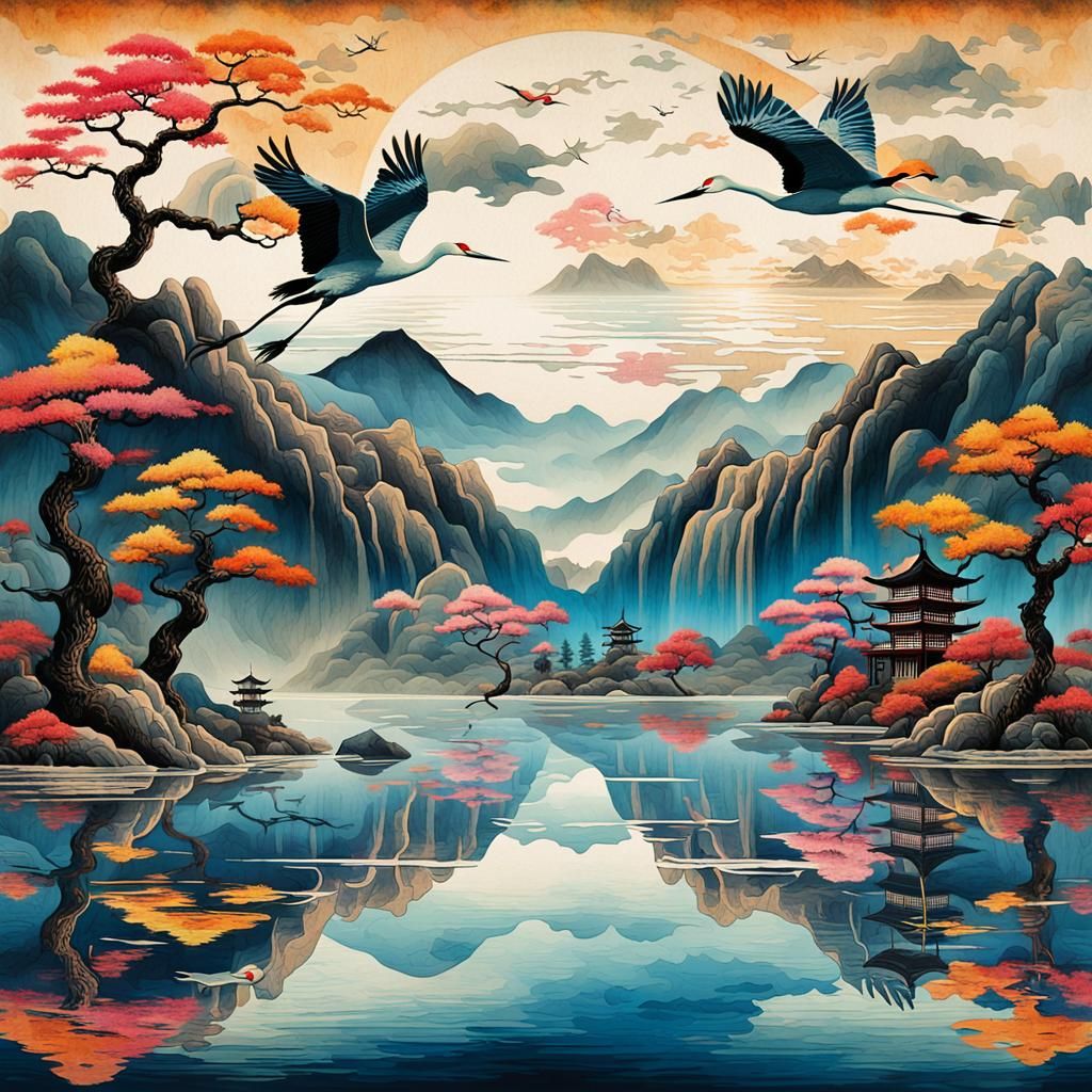 Crane Over Lake in Japanese Screen Painting Style