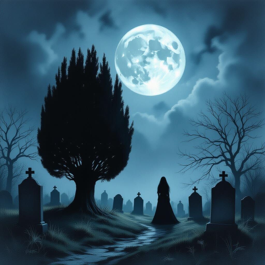 Ethereal Moonlit Graveyard Scene with Solitary Figure