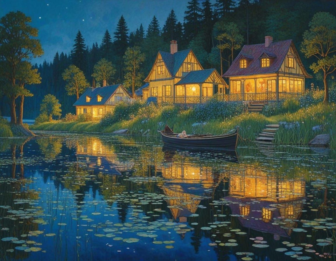 Whimsical Swedish Lake Scene in Intricate Art Nouveau Style