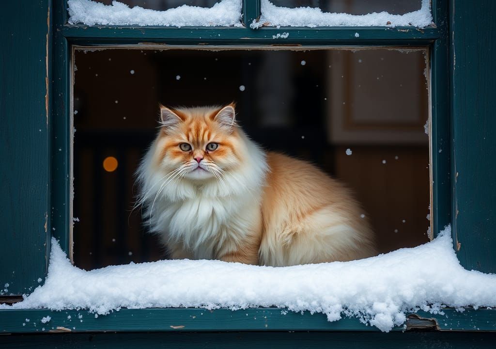 Persian Cat Gazing at Winter Snowfall