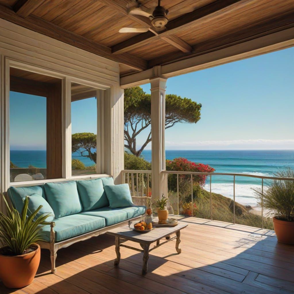 Surreal Malibu Porch Scene in Dali-Inspired Oil Painting