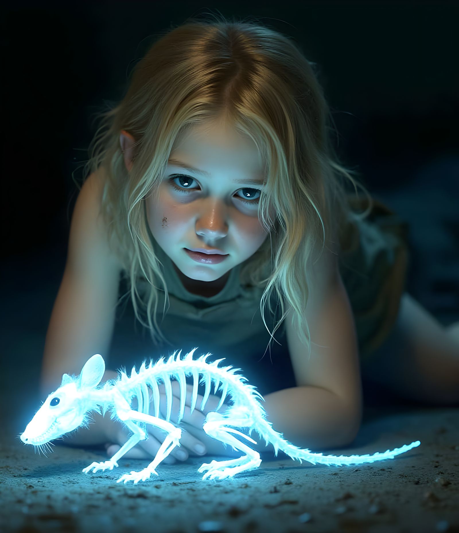 Young Blonde Girl Watches Glowing Blue Rat Skeleton