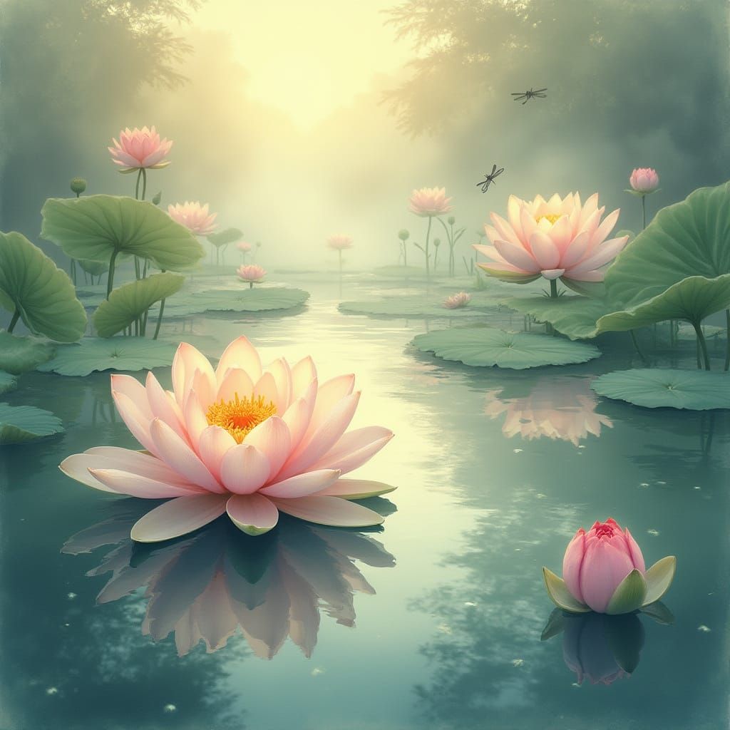 Serene Lotus Blooms on Morning Pond in Classical Chinese Sty...