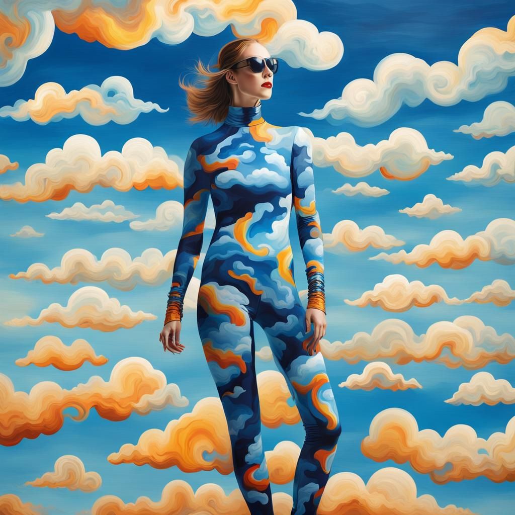 Spandex Catsuit Woman on Blue Clouds in Abstract Style