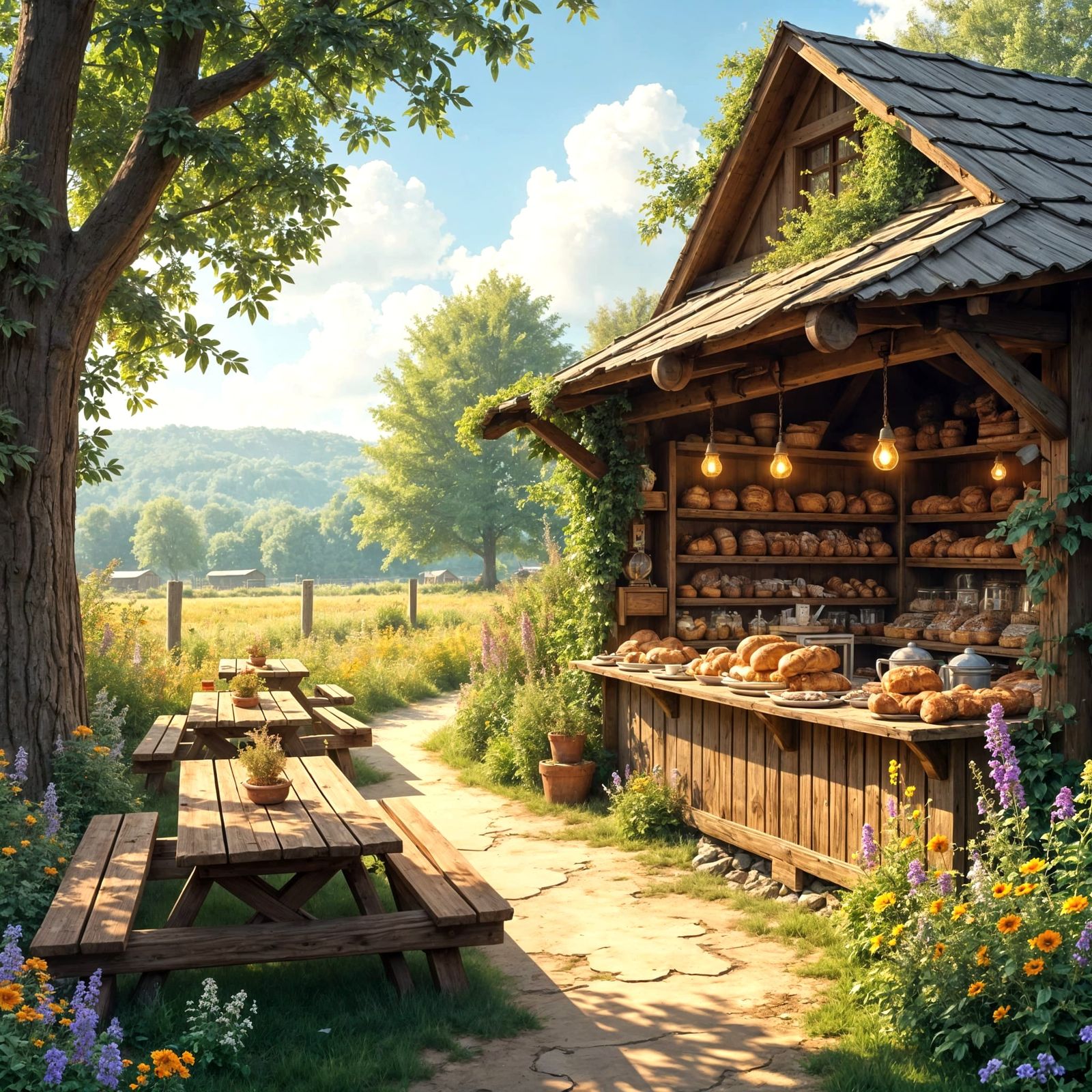 Rustic Farm Bakery Scene in Boho Style