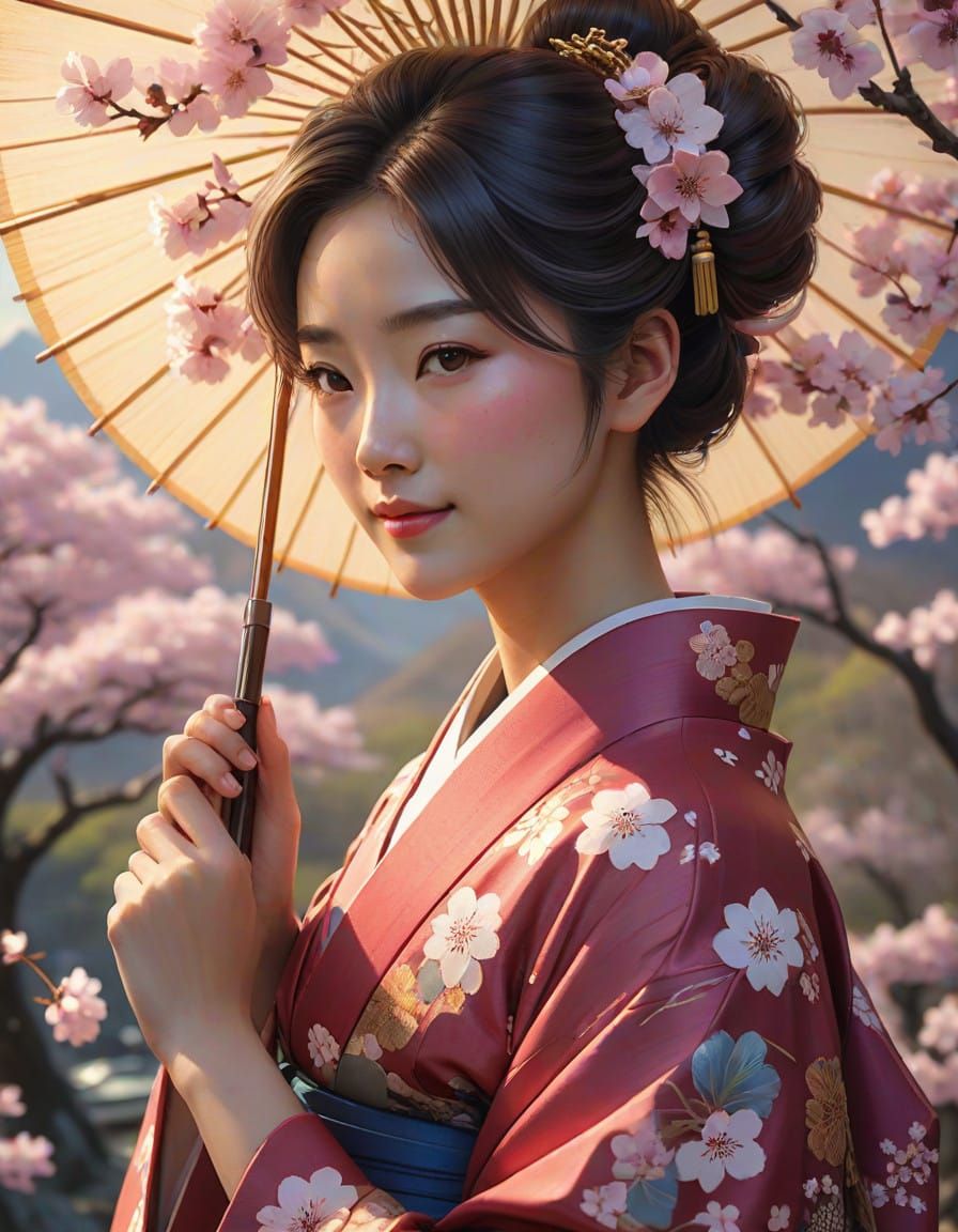 Serene Japanese Woman with Cherry Blossoms
