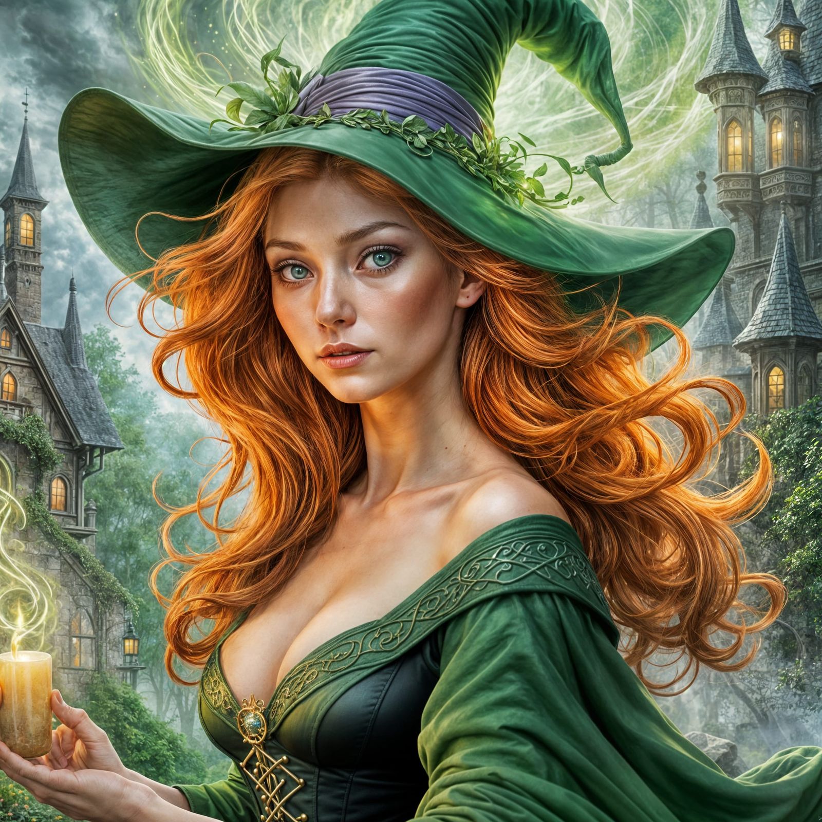 Ethereal Witch Casting Spell in Misty Fantasy Landscape