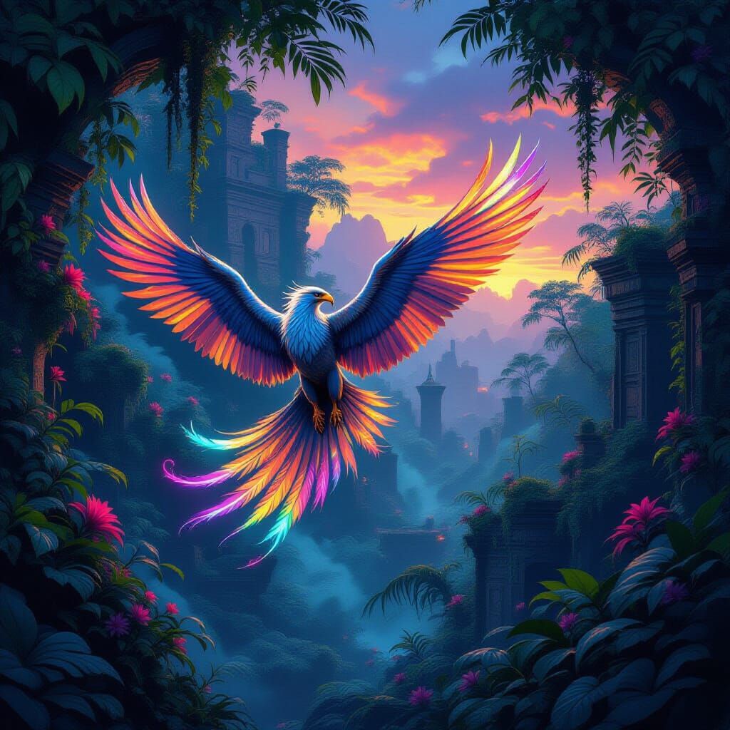 Majestic Griffin Soars Through Alien Jungle Twilight