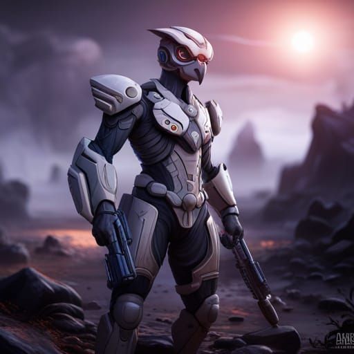 Cyborg Owl-Man Hybrid with Laser Rifle