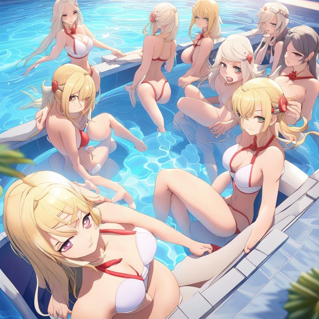 Blond Harem at Pool in Anime Key Visual Style