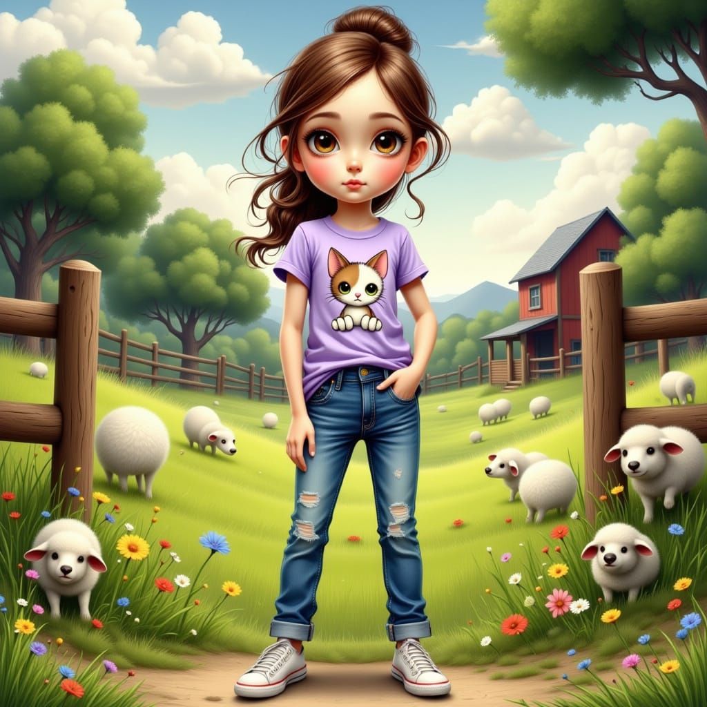 Whimsical Farm Girl with Sparkly Kitten Tee