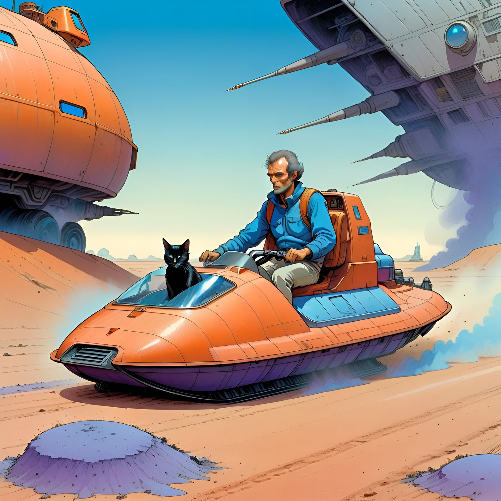 Man and Cat Speeding in Hovercraft, Moebius Style