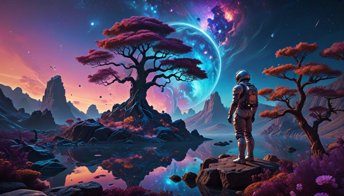 Lone Astronaut in a Vibrant Neon Galaxy