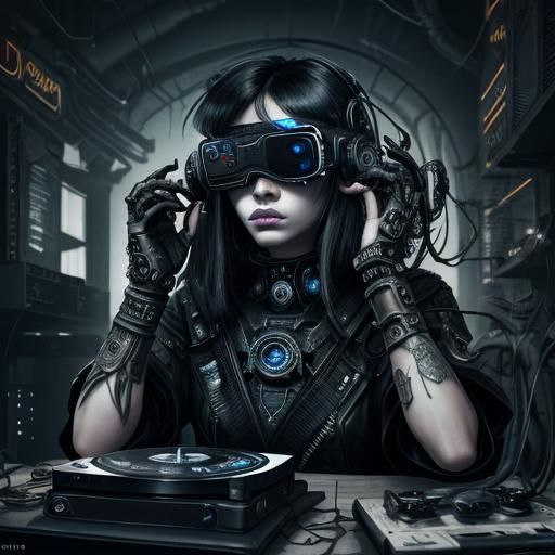 Cyberpunk Model with VR Goggles in Black and White
