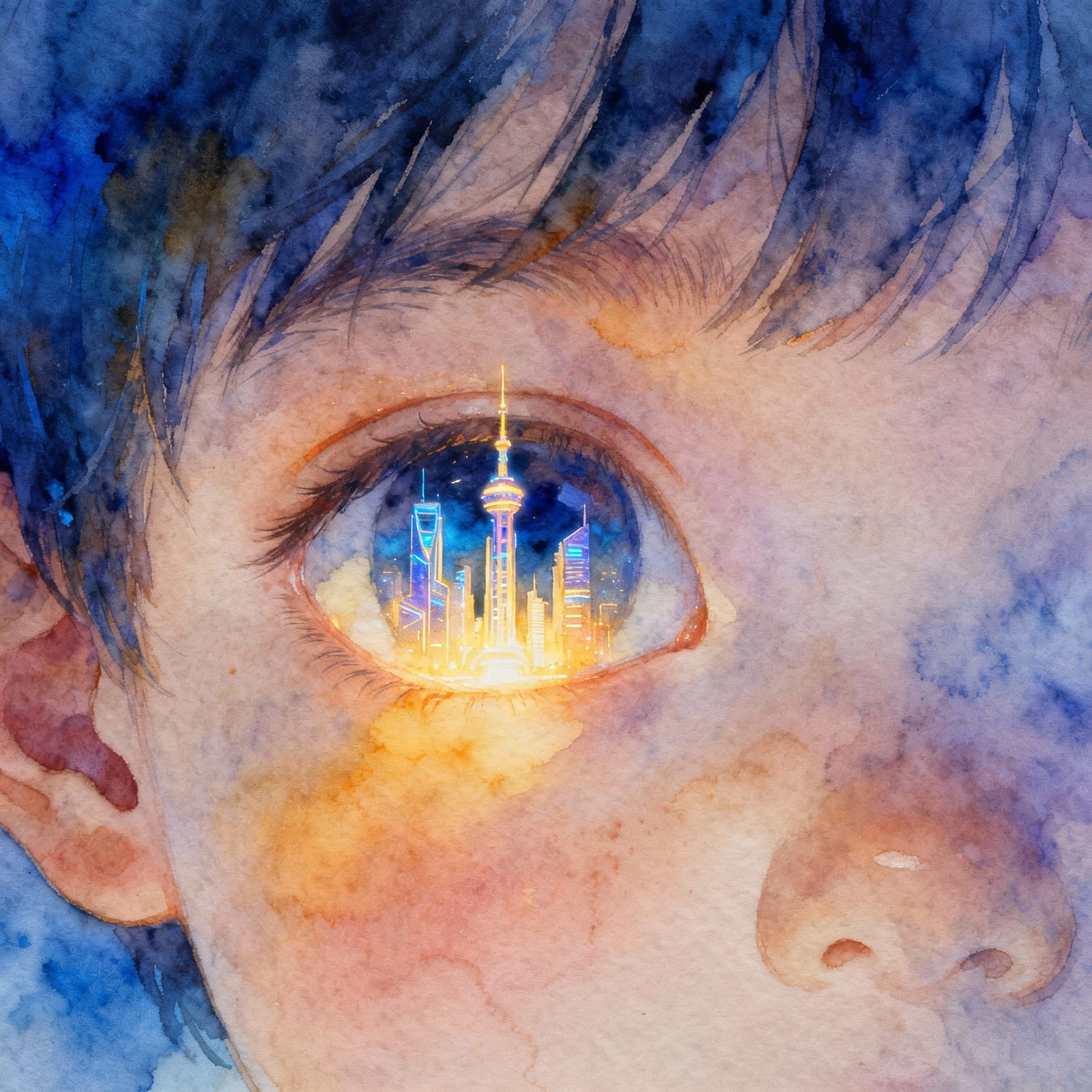 Child's Eye Reflects Glowing City Skyline in Watercolor Drea...