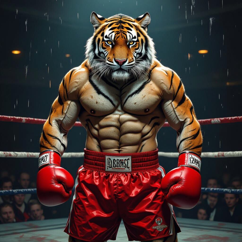 Muscular Bengal Tiger Boxer in Dimly Lit Ring