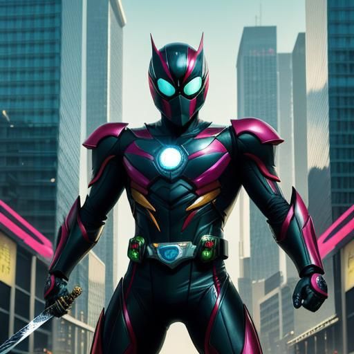 Kamen Rider with Sword in Anime Cityscape