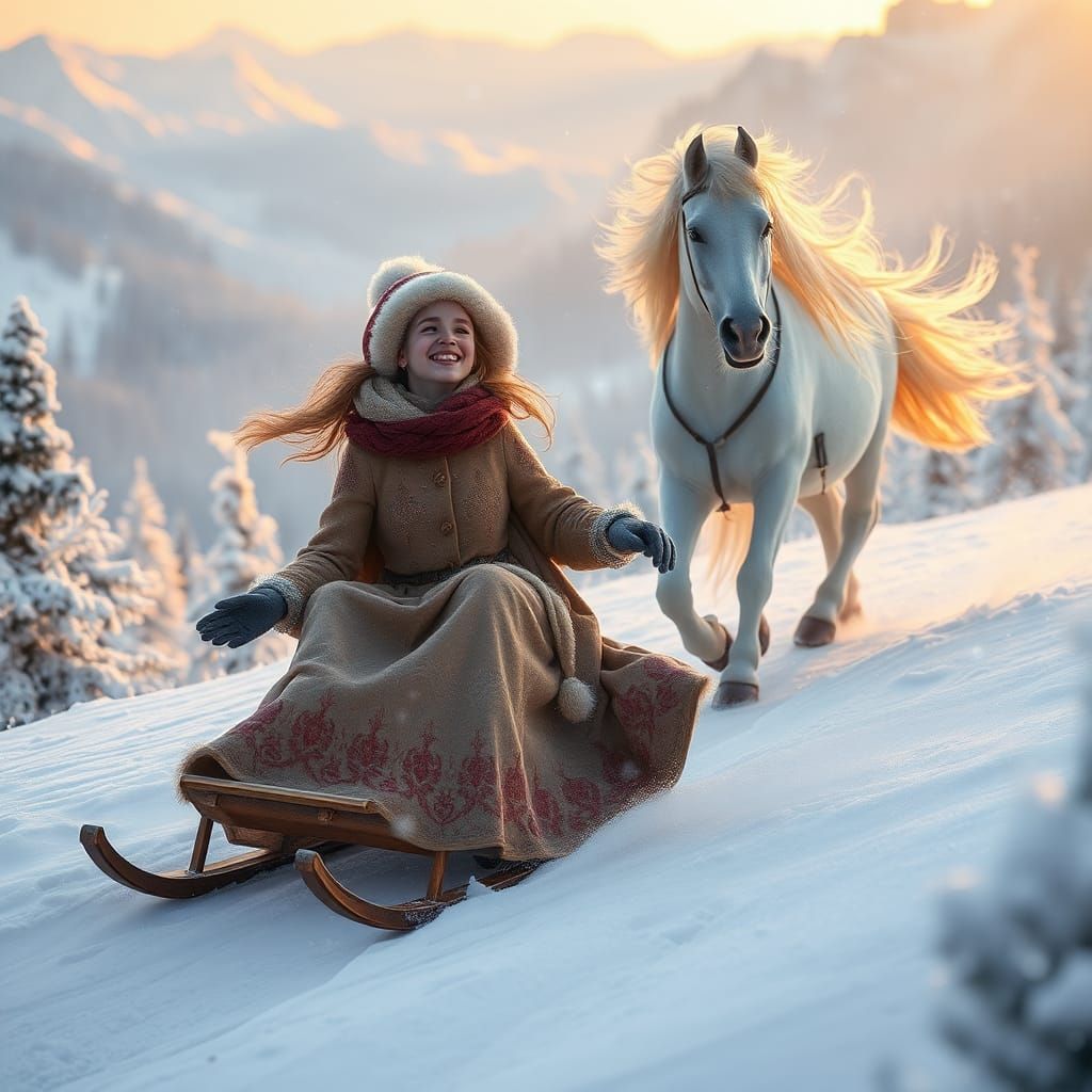 Winter Joy: Woman Sledding with Impatient Horse