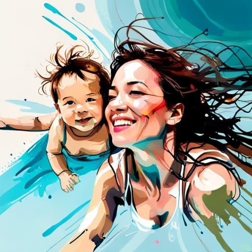 Serene Mother and Child Portrait by Poolside