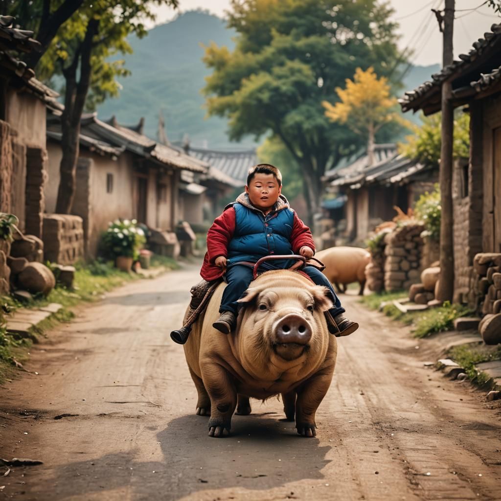 Chinese Boy Rides Pig: Vibrant Rural Photography