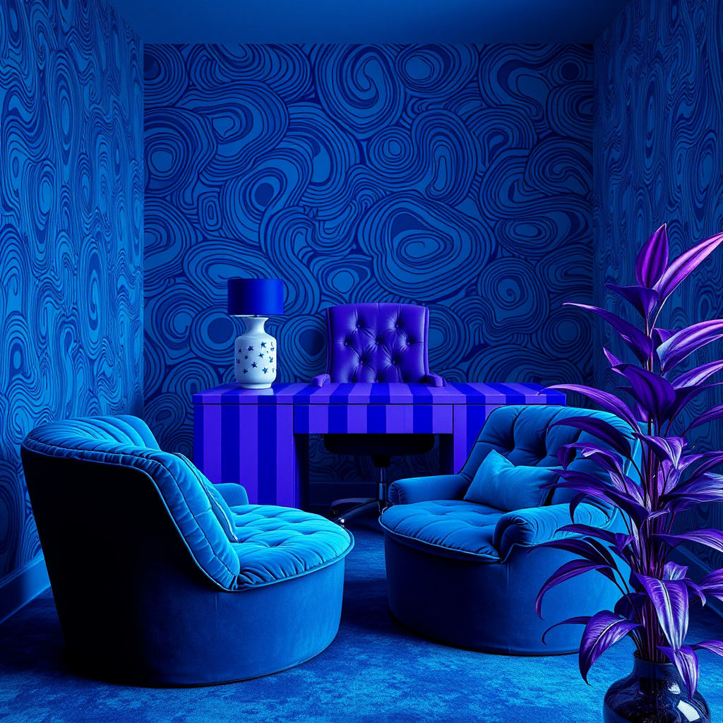 Luxurious Blue Velvet Room with Op Art Wallpaper