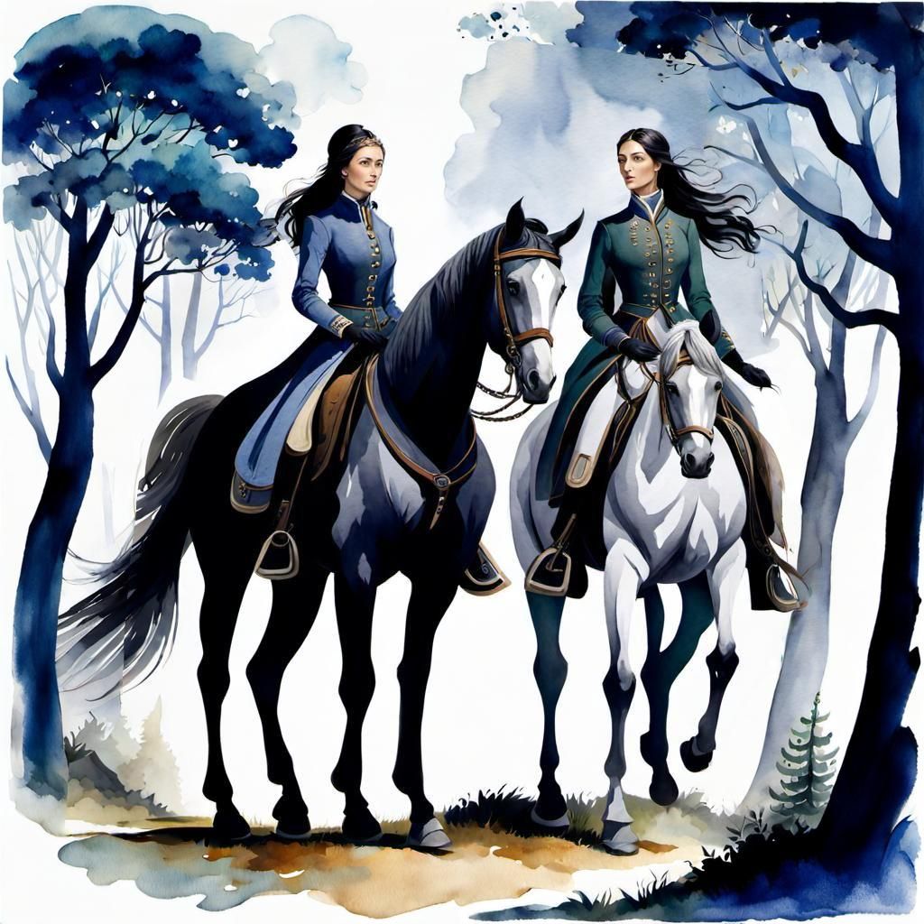 Sisters Explore Magic Forest, Art Deco Watercolor