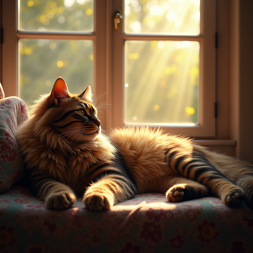 Maine Coon Cat Lounging in Sunlight: Digital Portrait