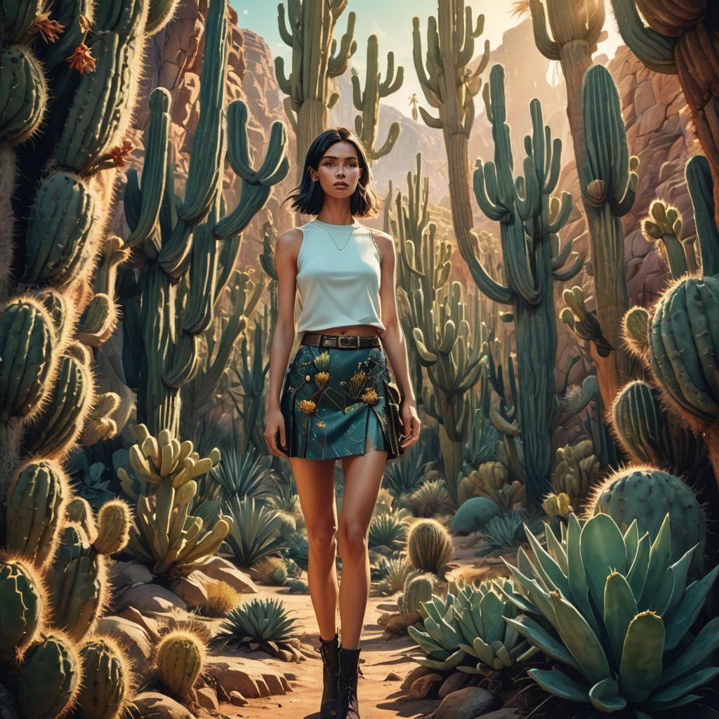 Fantasy Woman in Cactus Field: Digital Art
