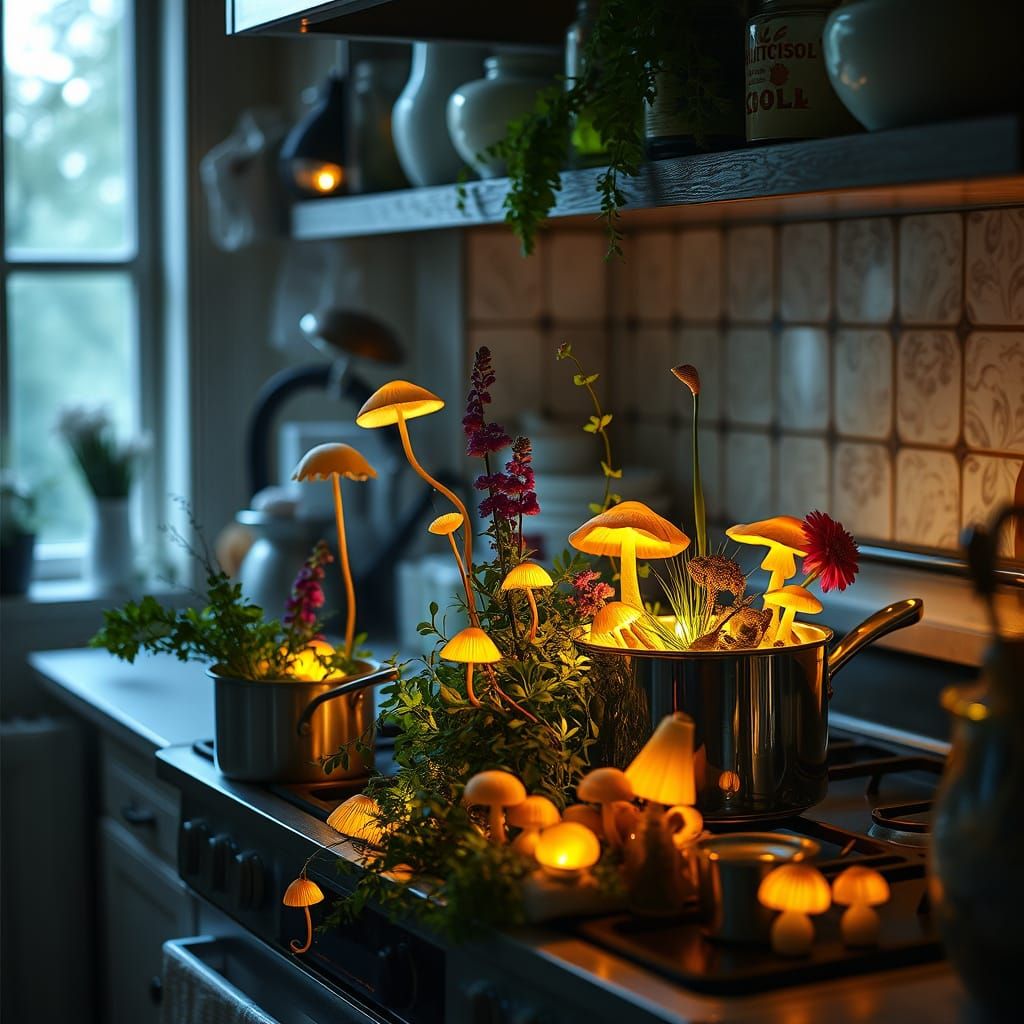 Maximalist Kitchen with Bioluminescent Plants