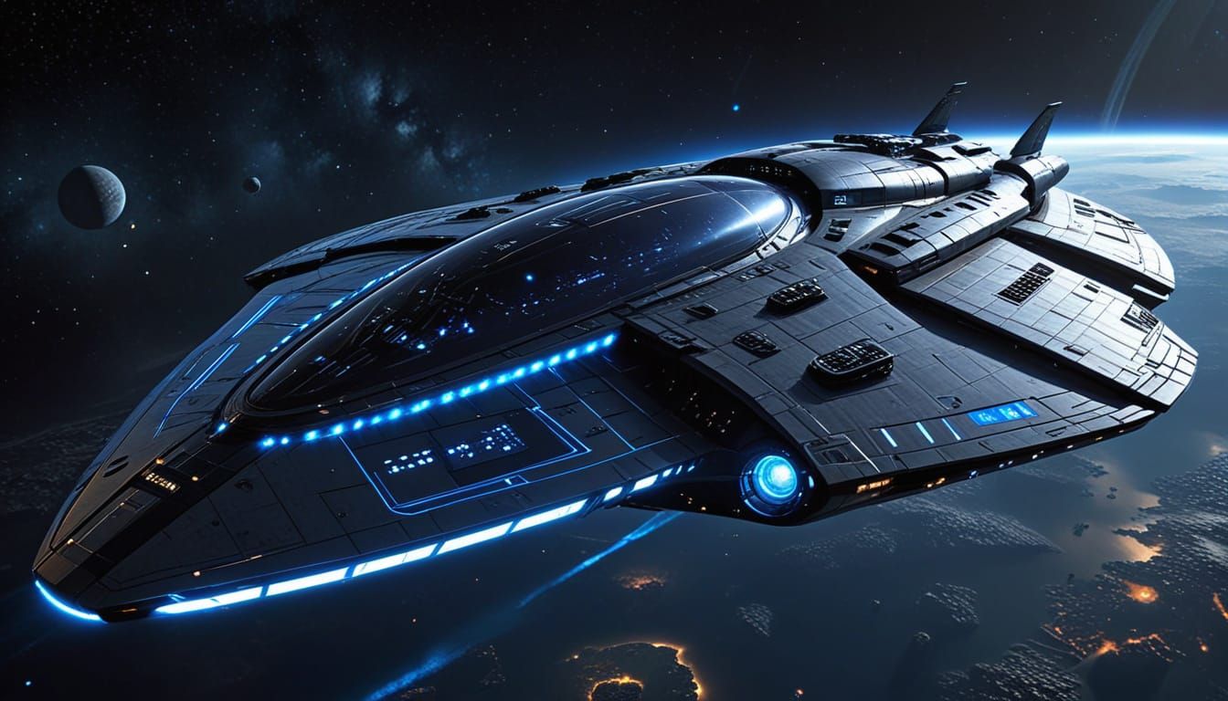 Massive Futuristic Starship with Blue Lights