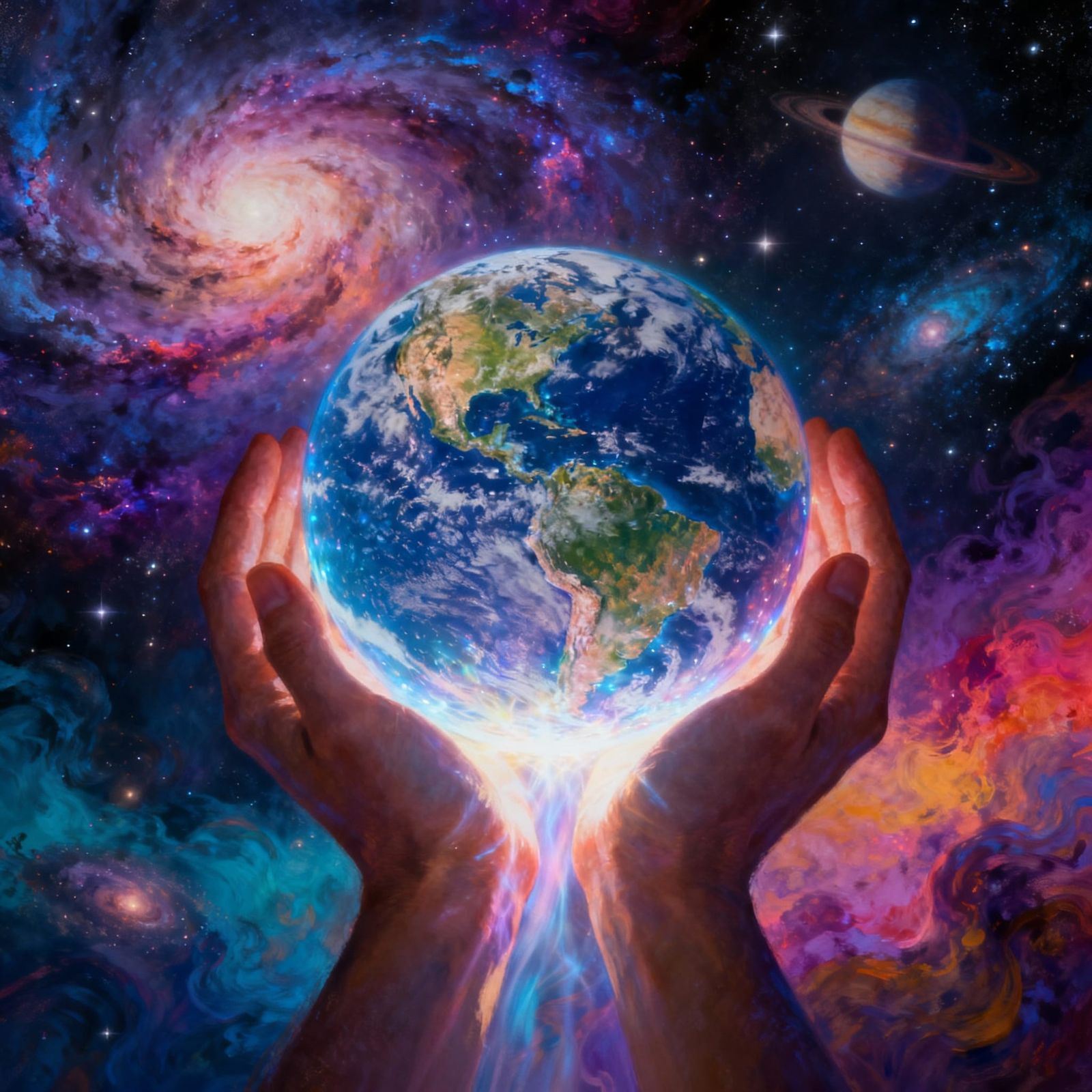 Cosmic World Held in Hands Surrealist Style