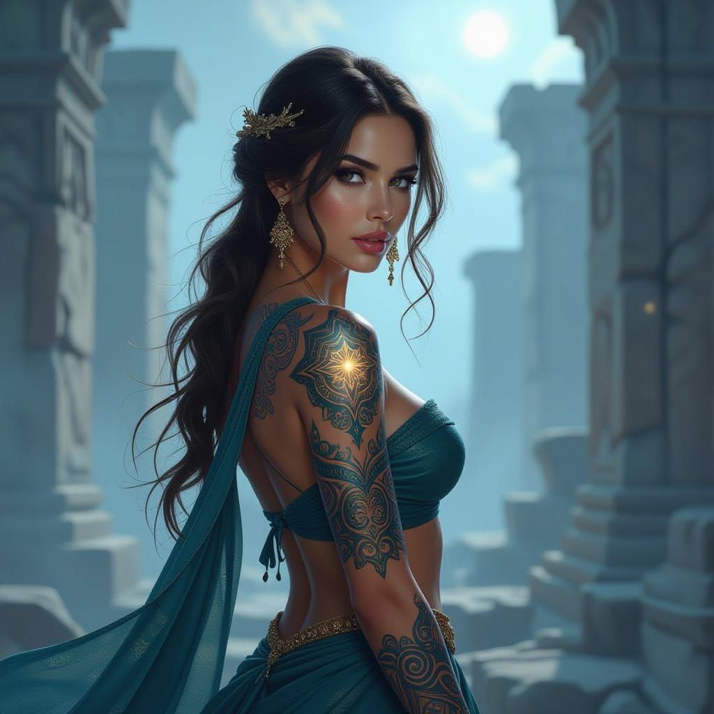 Woman with Celestial Tattoos in Misty Ruins
