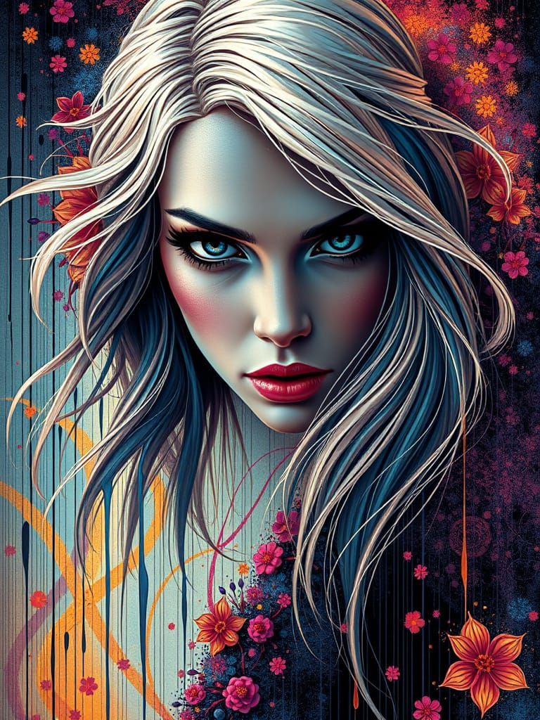 Mysterious woman with glowing eyes in graffiti style