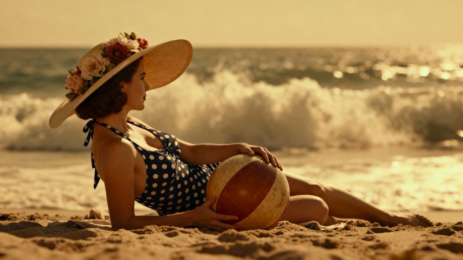 Vintage Beach Scene: Woman in Flowery Hat Relaxing