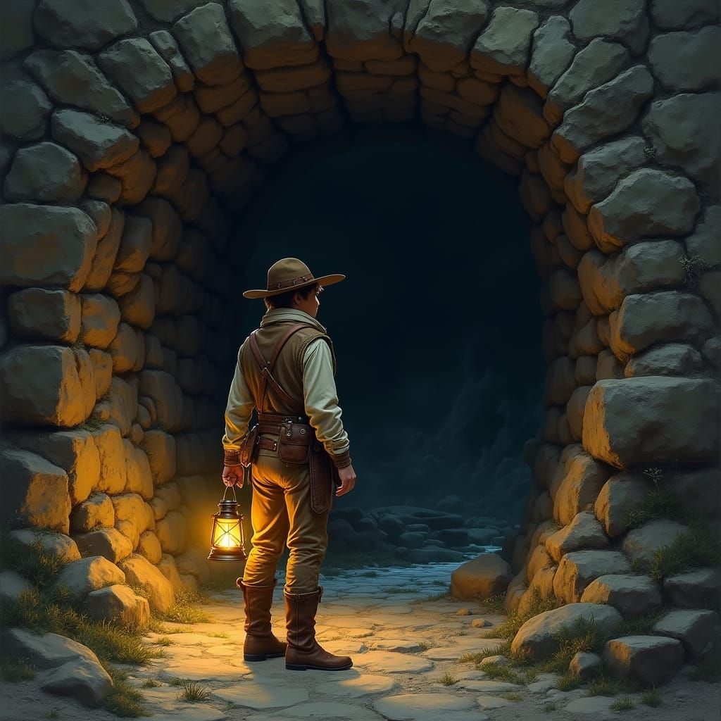 Young Adventurer at Cave Entrance in Romantic-Era Style