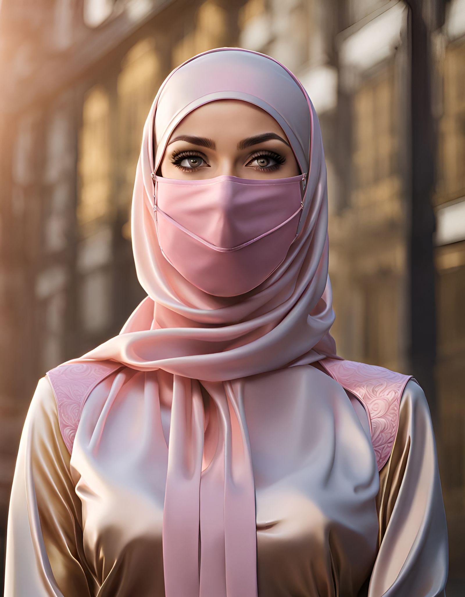 German Woman in Hijab and Mask, Hyperrealistic Portrait