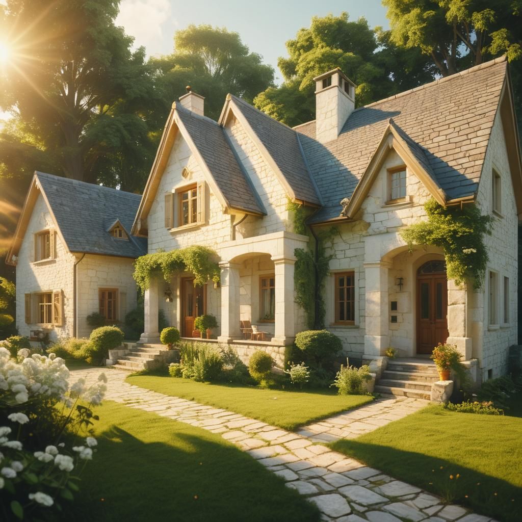Dreamy White Stone House in Golden Hour Light