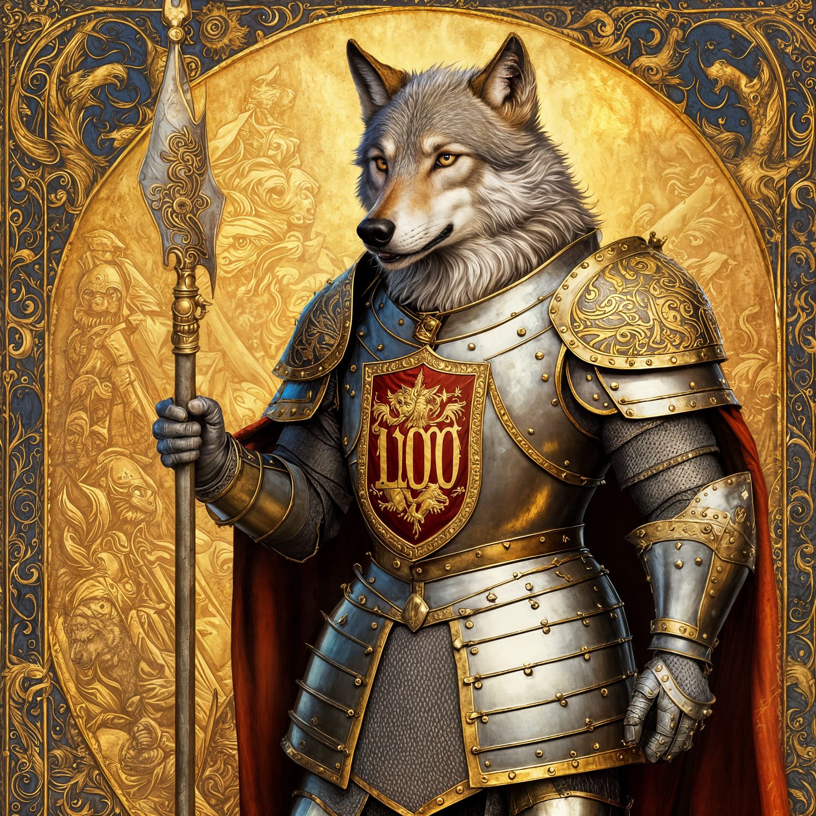 A Wolf in Full Armor Rides into Battle with a Golden Banner