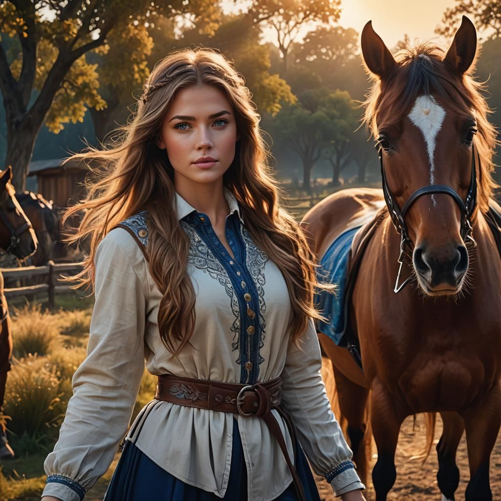 Teen Girl and Horse at Sunset: Fantasy Concept Art