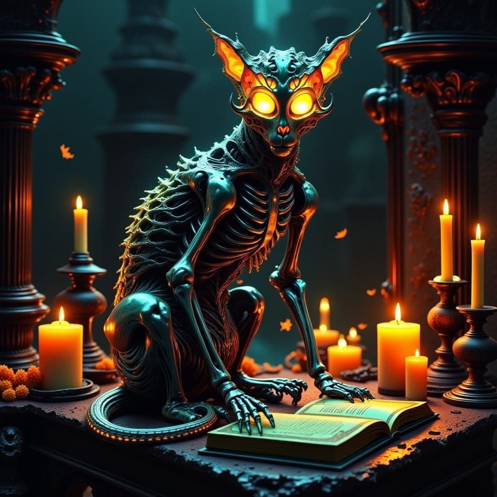 Whimsical Skeleton Cat in Gothic Digital Art Style