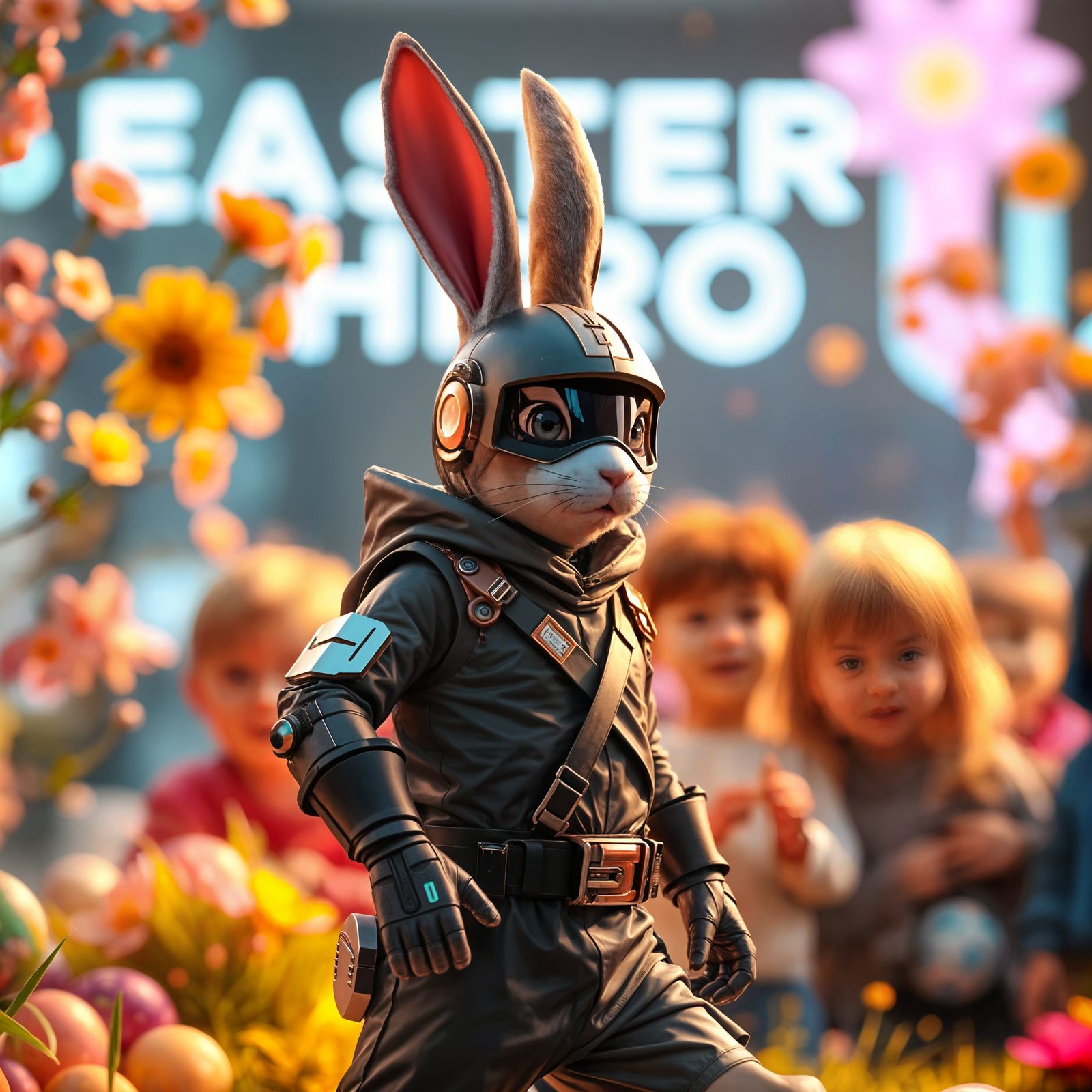 Cyberpunk Easter Ninja Hero in Vibrant Spring Setting
