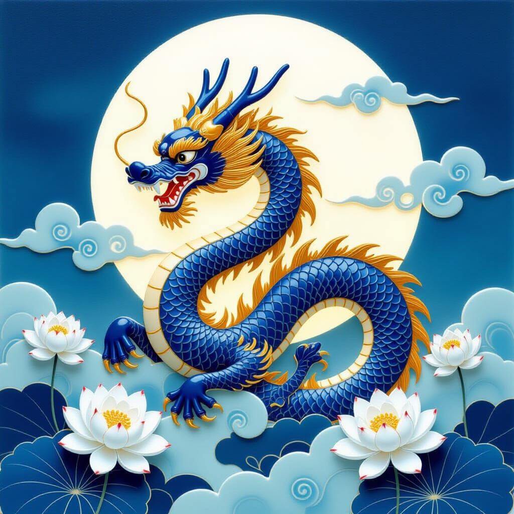 Blue Porcelain Dragon with Golden Accents and Lotus Flowers